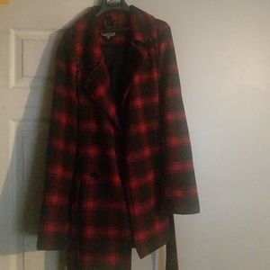 Red and black woolblend pea coat